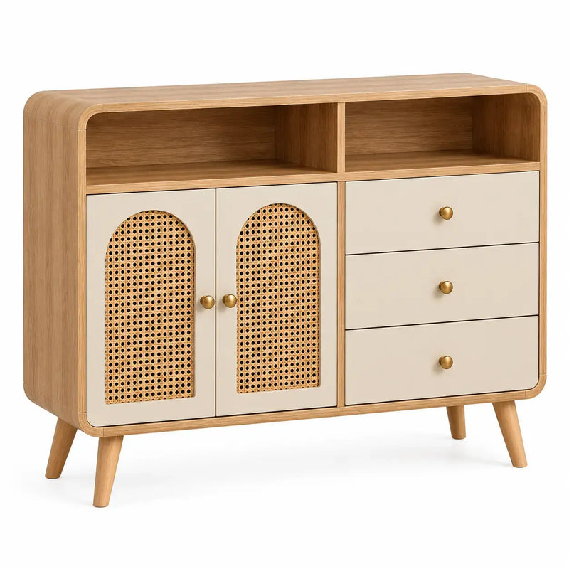 White and brown wooden sideboard with arched elements, modern design by WetandWestCoast, ideal for stylish living spaces.