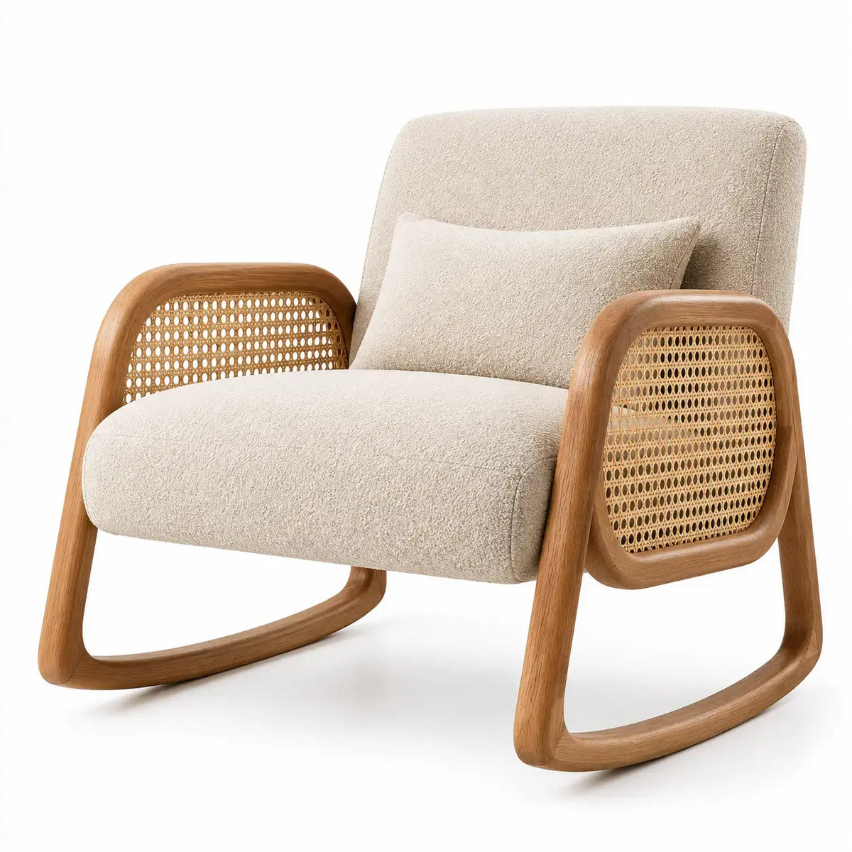Beige and brown woven details on a wetandwestcoast rocking chair with intricate entrançados design, indoor or outdoor use