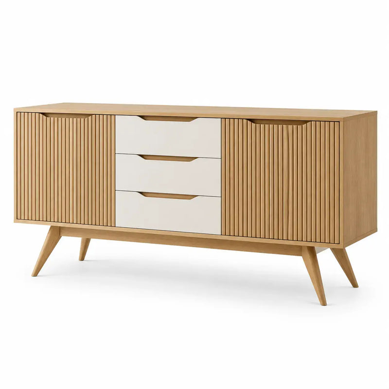 White and brown wooden sideboard with rippled details, modern design, from Wet and West Coast, showcasing its sleek appearance.
