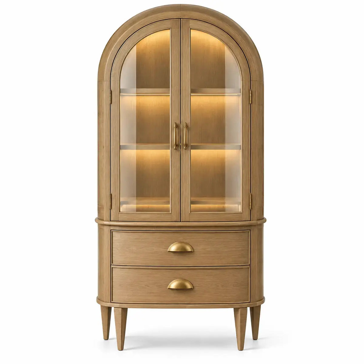 Elegant castanho cristaleira with arched glass doors and wood elements, showcasing a stylish storage and display piece.