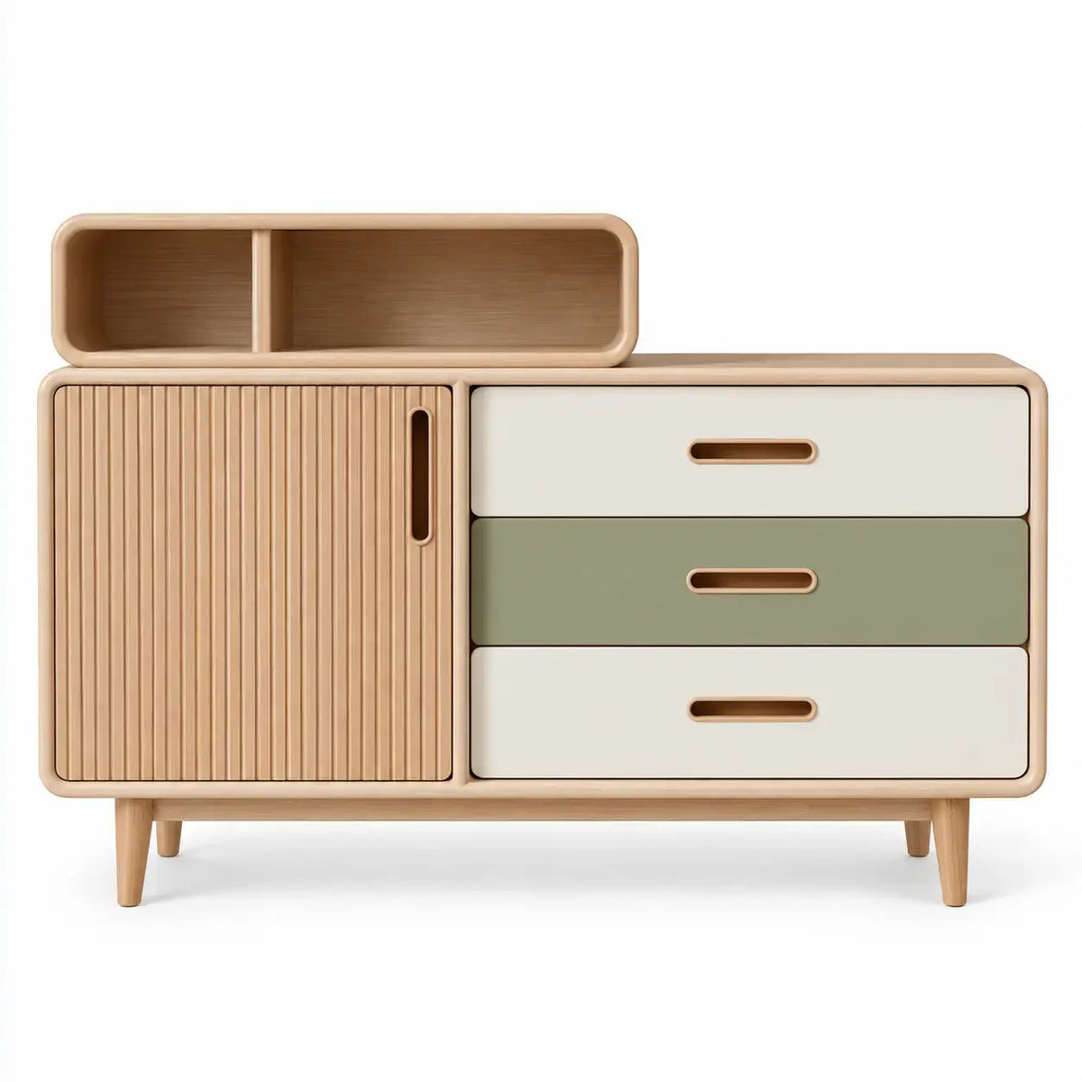 Modern wooden aparador with rippled details in white, green, and brown, from WetandWestcoast, showcasing its stylish design.