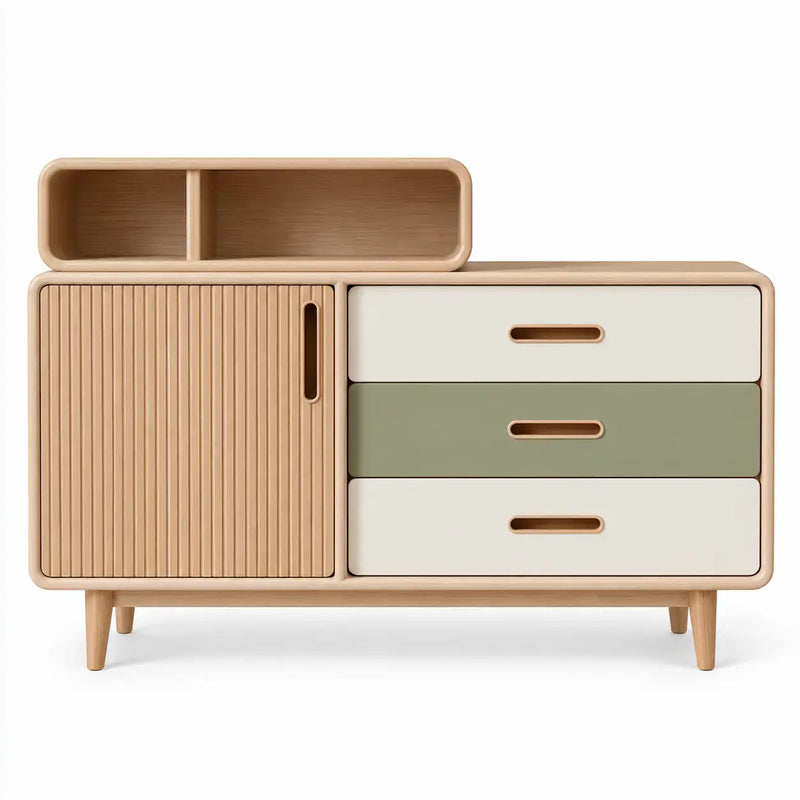 Modern wooden aparador with rippled details in white, green, and brown, from WetandWestcoast, showcasing its stylish design.