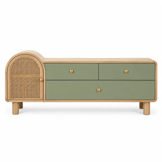 Wetandwestcoast TV stand with curved elements in green and brown, showcasing a modern design for living room decor.