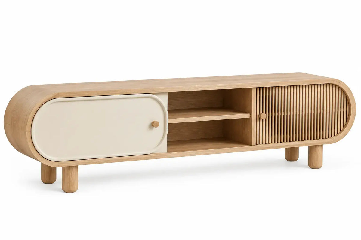 Modern curved TV stand in white and brown by WetandWestCoast, featuring sleek lines and ample storage space.