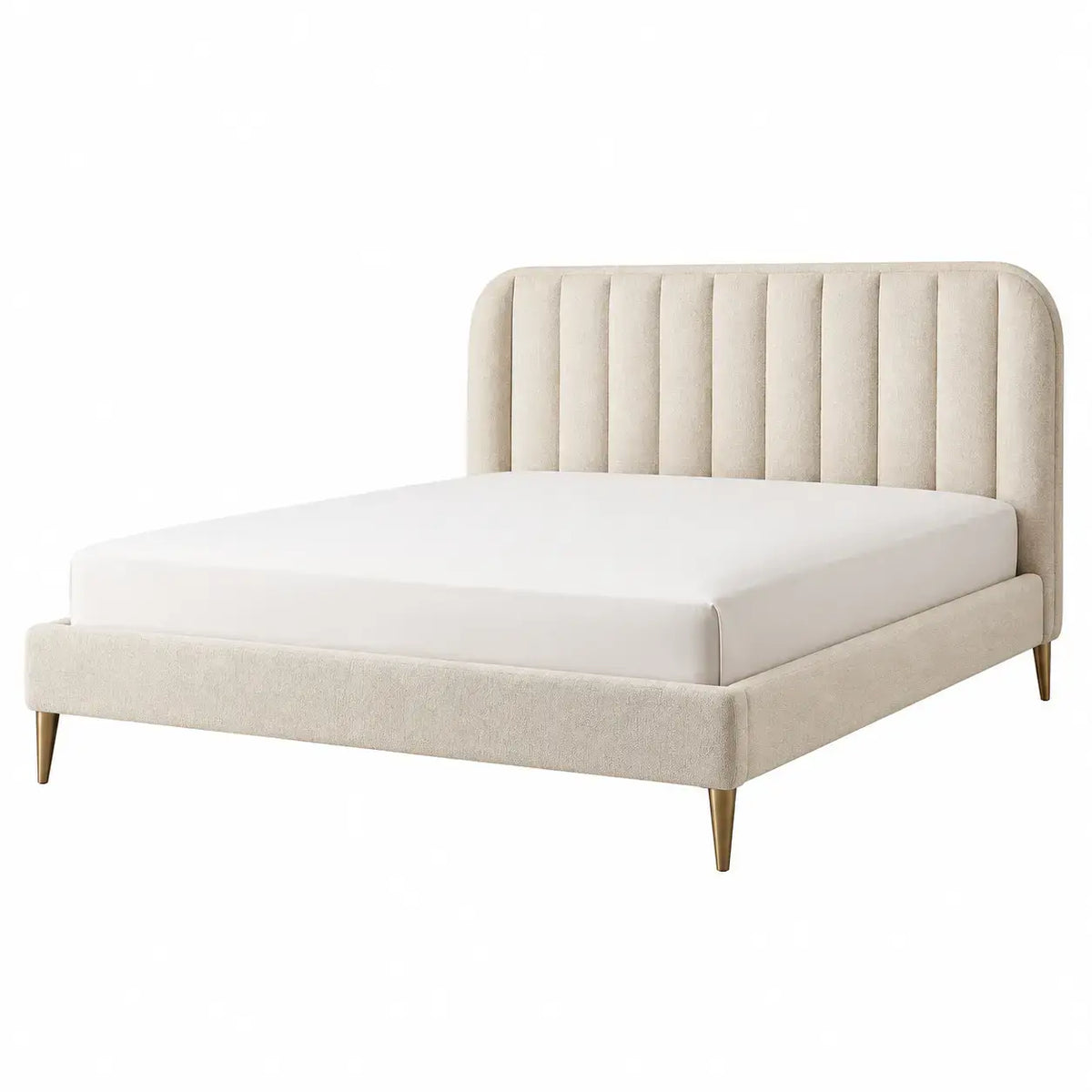 Beige bed frame with vertical stitched headboard, modern design, from Wet and West Coast, shown in a well-lit bedroom setting.