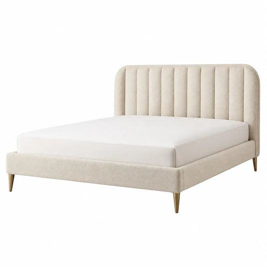 Beige bed frame with vertical stitched headboard, modern design, from Wet and West Coast, shown in a well-lit bedroom setting.