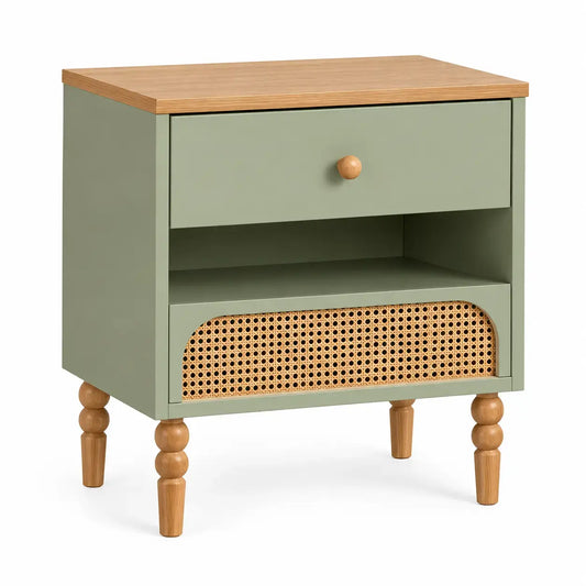 Wetandwestcoast green and brown accent table with woven details, ideal as a stylish support or side table for any space.