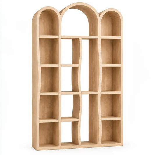 White and brown arched shelving unit with multiple shelves, modern design by wetandwestcoast.