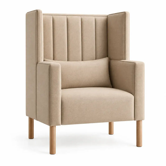 Beige wetandwestcoast armchair with vertical seam-stitched backrest, modern design, plush upholstery, and wooden legs.