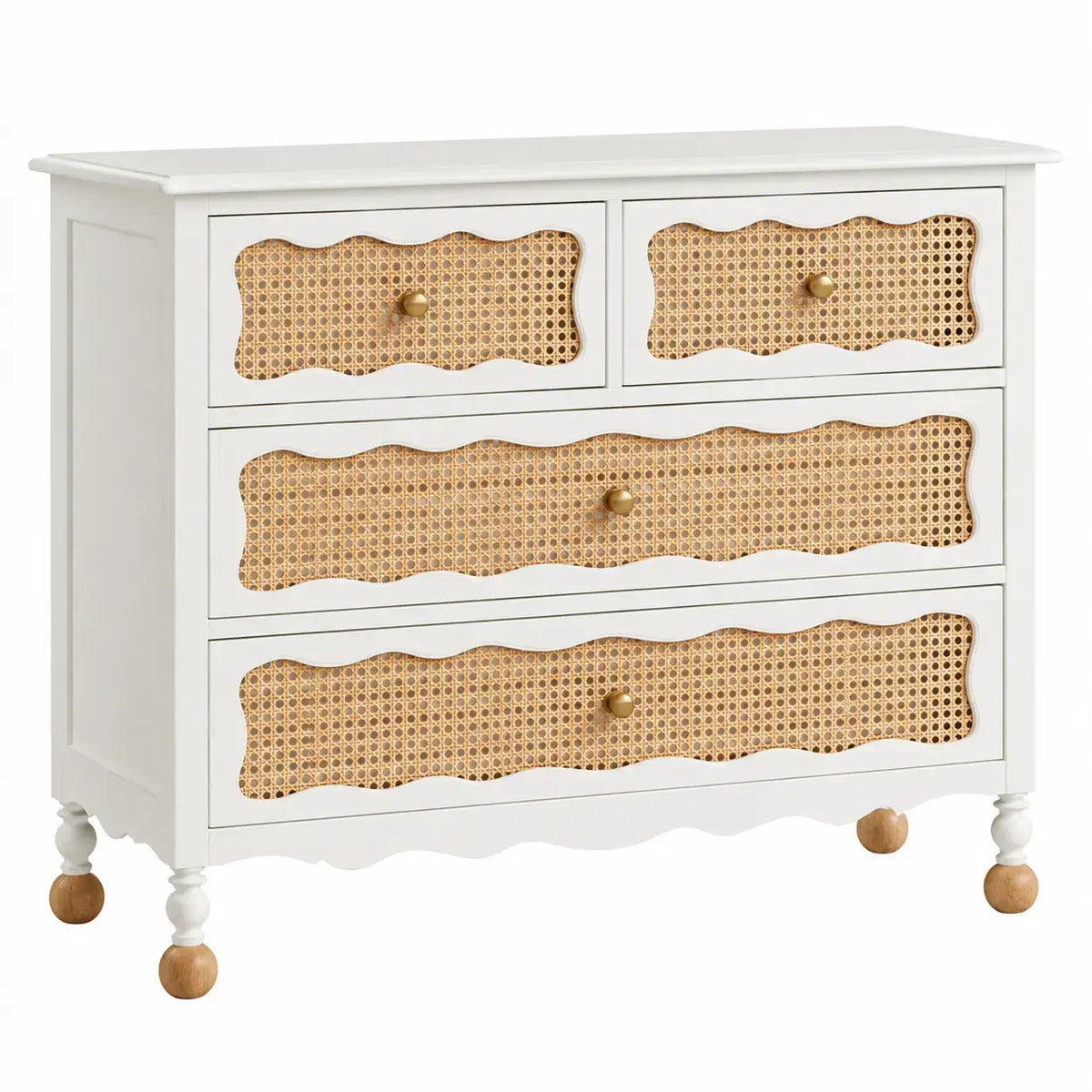 White and brown wooden dresser with woven detailing, featuring a modern design from WetandWestcoast.