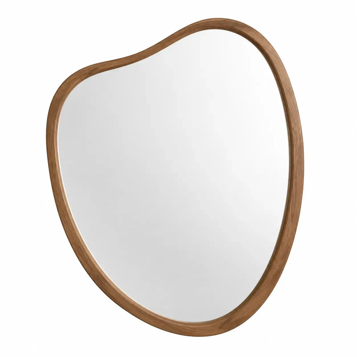 Decorative organic-shaped contour mirror in warm brown wood, designed by Wet and West Coast, hanging on a wall.