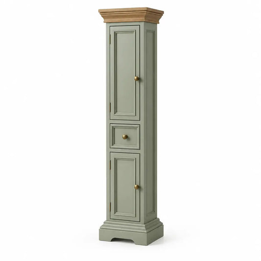 Wetandwestcoast narrow storage cabinet in green and brown, with a sleek, space-saving design and multiple storage compartments.