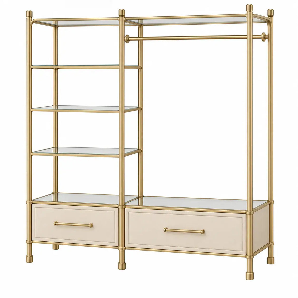 White and gold open compartment wardrobe by wetandwestcoast with multiple storage sections and modern design.