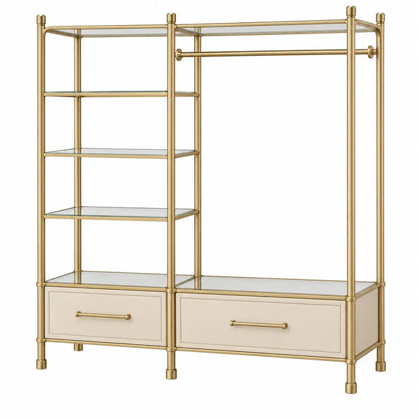 White and gold open compartment wardrobe by wetandwestcoast with multiple storage sections and modern design.